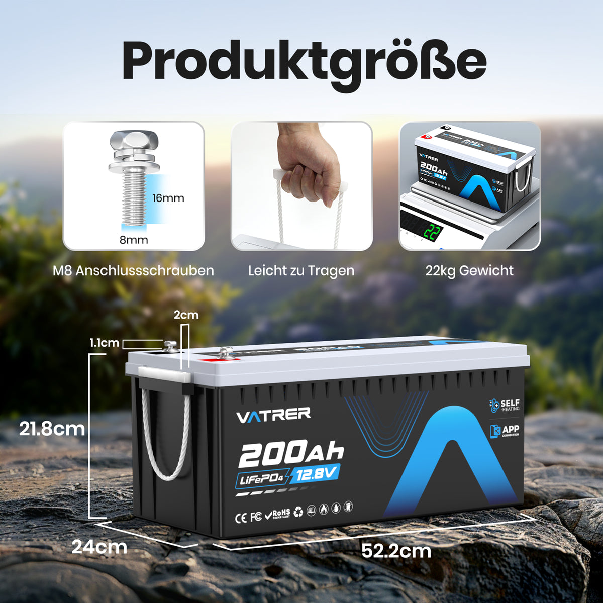 Vatrer 12V 200Ah Bluetooth LiFePO4 Selbsterhitzende Lithiumbatterie 200A BMS