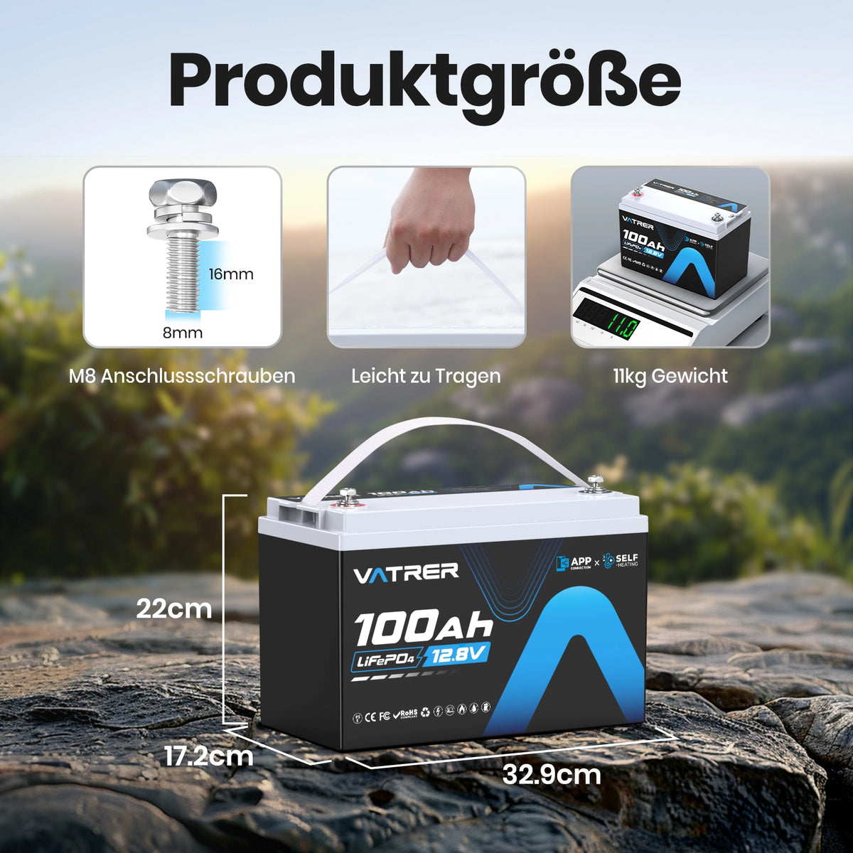 Vatrer 12V 100AH LiFePO4 Lithiumbatterie mit APP Überwachung und Selbsterwärmung Bluetooth Version