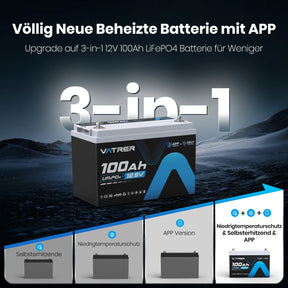 Vatrer 12V 100AH LiFePO4 Lithiumbatterie mit APP Überwachung und Selbsterwärmung Bluetooth Version