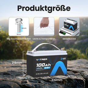 Vatrer 12V 100Ah LiFePO4 Lithium Akku mit Bluetooth, Abschaltung bei niedriger Temperatur
