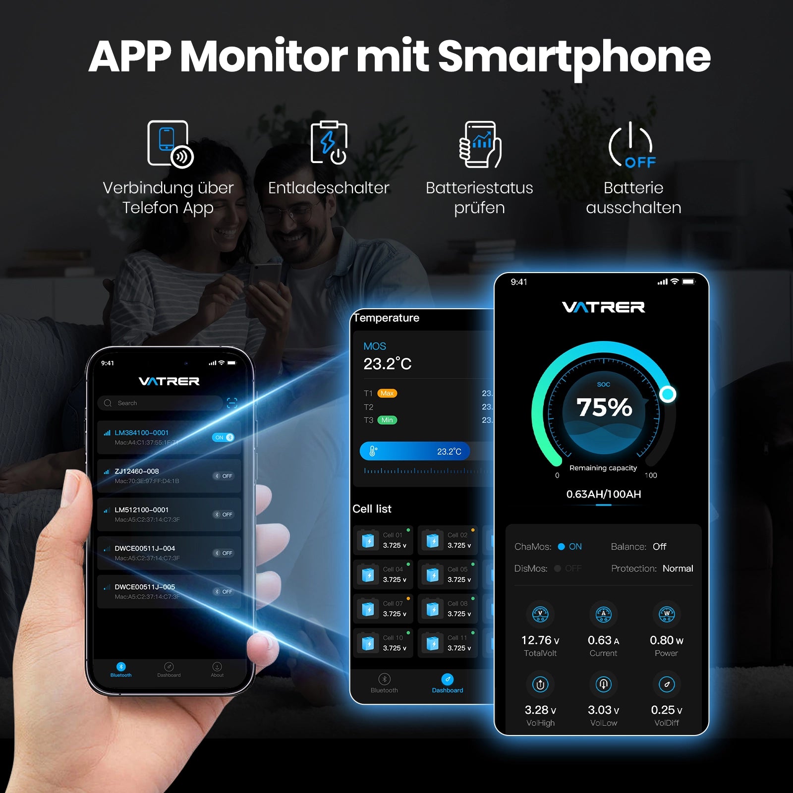 Vatrer 12V 100AH LiFePO4 Lithiumbatterie mit APP Überwachung und Selbsterwärmung Bluetooth Version