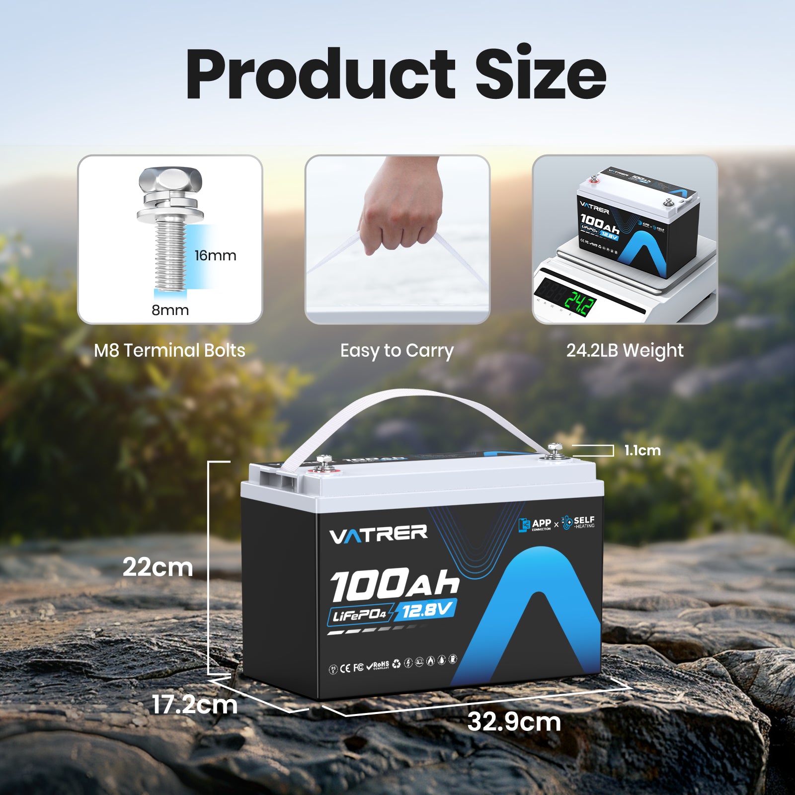 Vatrer 12V 100AH LiFePO4 Self-Heated Lithium Battery with Bluetooth EU