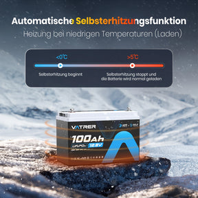 Vatrer 12V 100AH LiFePO4 Lithiumbatterie mit APP Überwachung und Selbsterwärmung Bluetooth Version