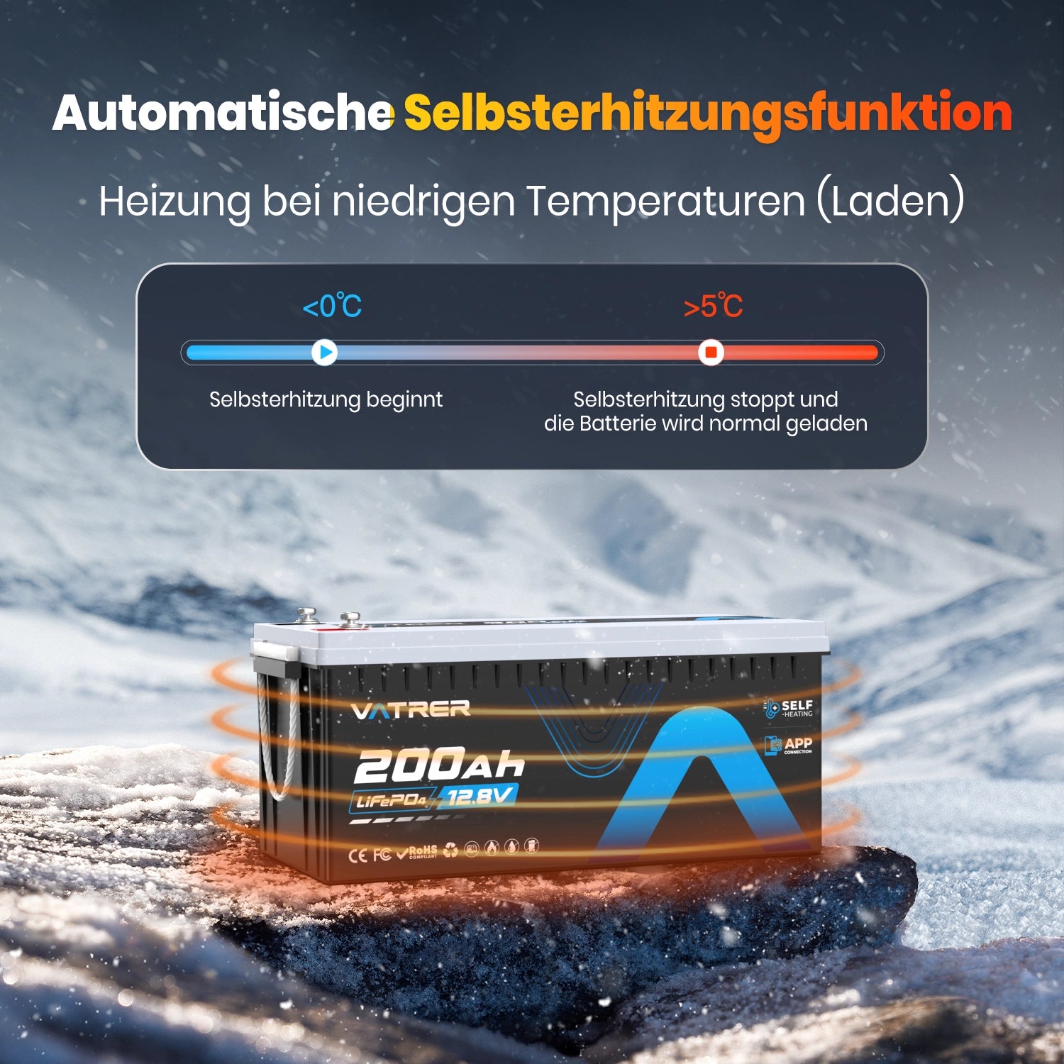 Vatrer 12V 200Ah Bluetooth LiFePO4 Selbsterhitzende Lithiumbatterie 200A BMS