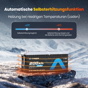 Vatrer 12V 200Ah Bluetooth LiFePO4 Selbsterhitzende Lithiumbatterie 200A BMS