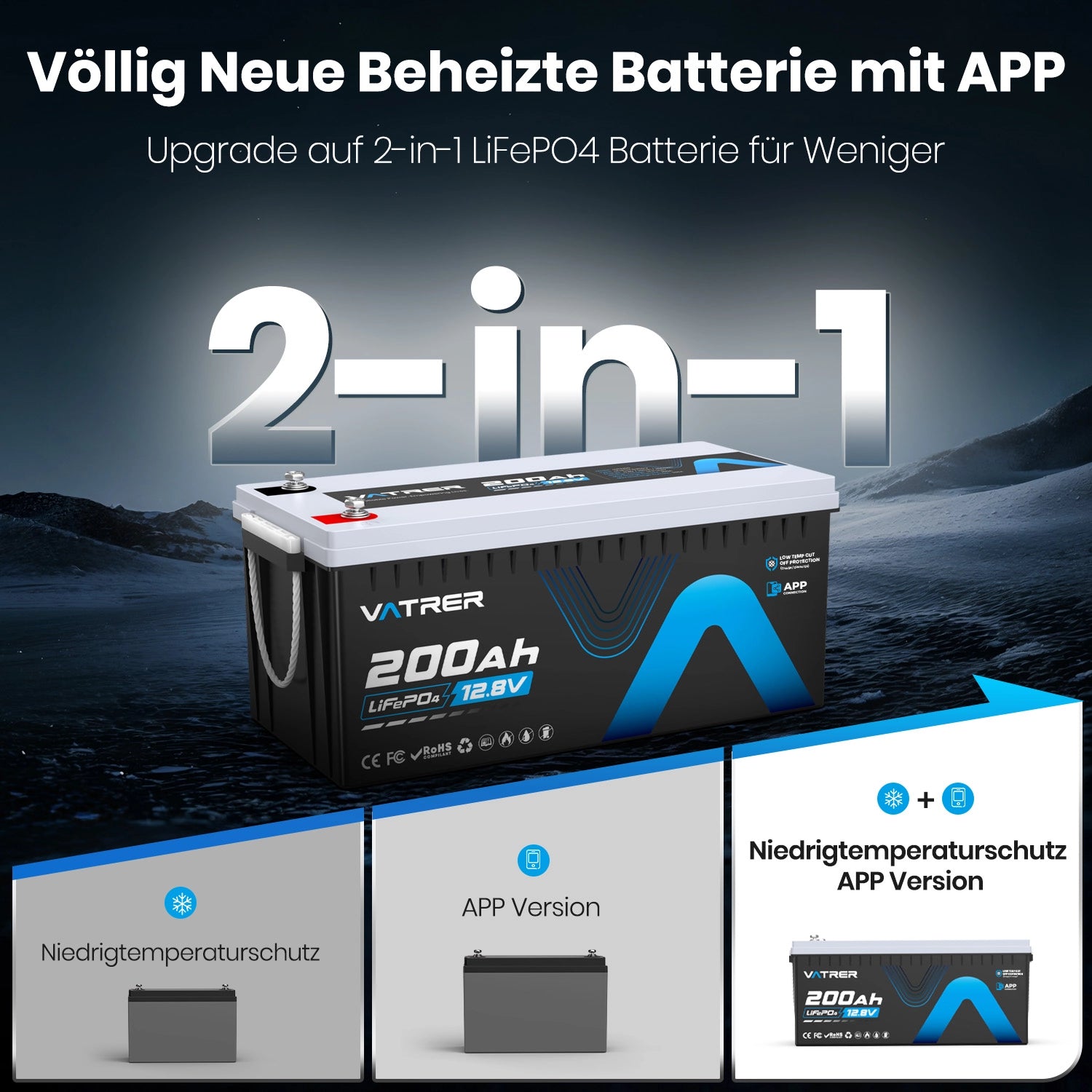 Vatrer 12V 200Ah Plus Lithium batterie mit Bluetooth 200A BMS