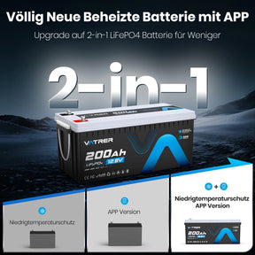 Vatrer 12V 200Ah Plus Lithium batterie mit Bluetooth 200A BMS