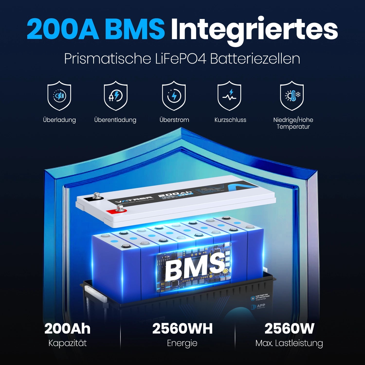 Vatrer 12V 200Ah Plus Lithium batterie mit Bluetooth 200A BMS