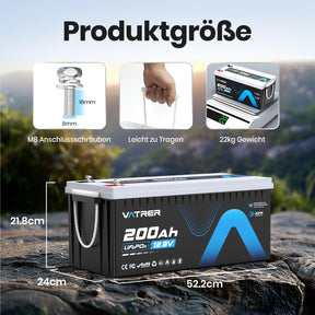 Vatrer 12V 200Ah Plus Lithium batterie mit Bluetooth 200A BMS
