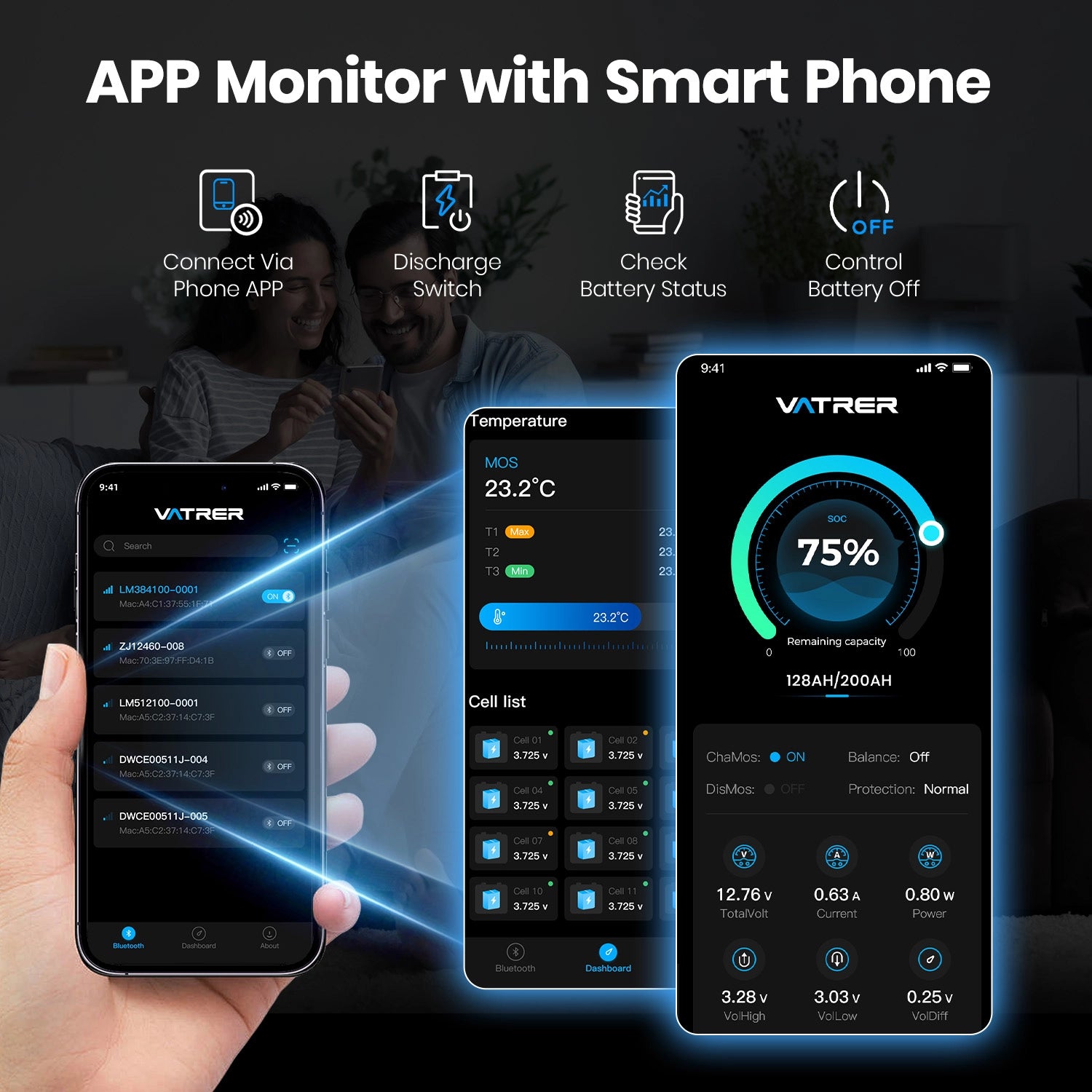 Vatrer 12V 200Ah Bluetooth LiFePO4 Selbsterhitzende Lithiumbatterie 200A BMS