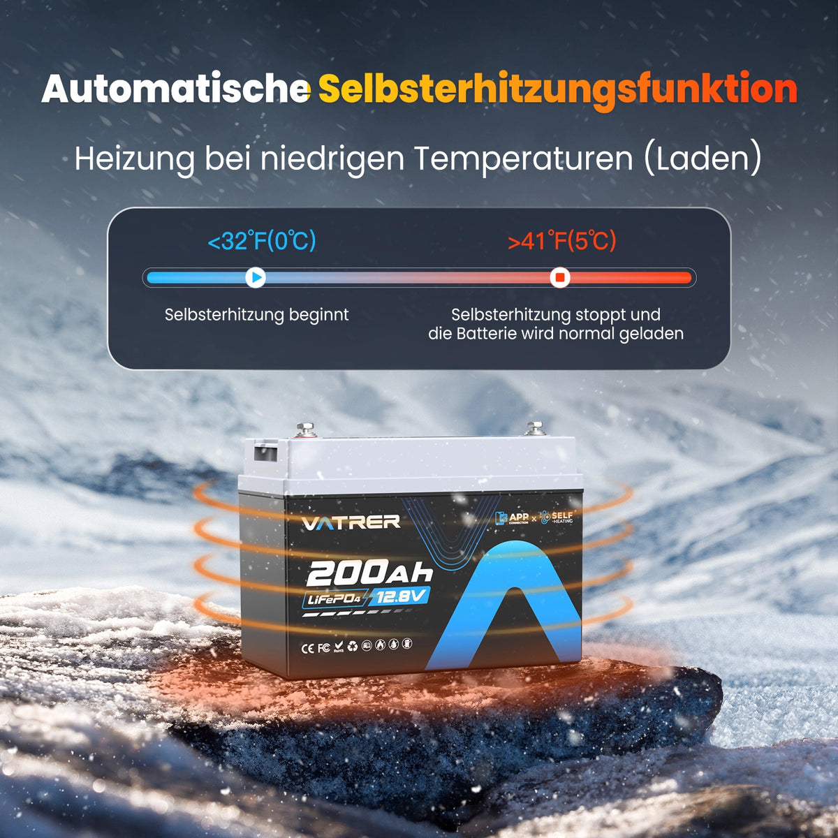 Vatrer 12V 200Ah LiFePO4 Lithiumbatterie Selbstheizfunktion Bluetooth 200A BMS