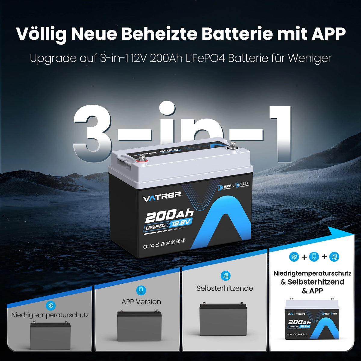 Vatrer 12V 200Ah LiFePO4 Lithiumbatterie Selbstheizfunktion Bluetooth 200A BMS