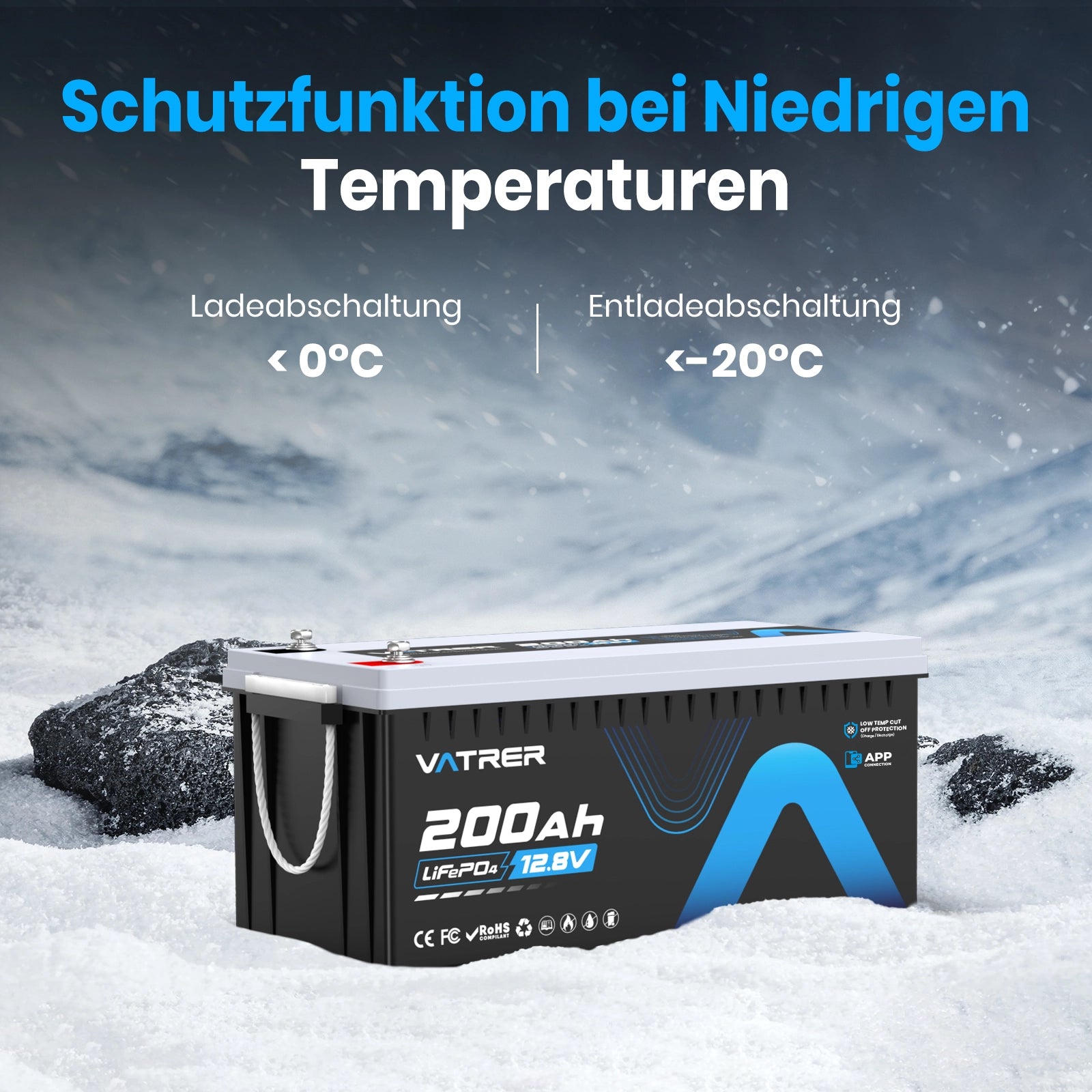 Vatrer 12V 200Ah Plus Lithium batterie mit Bluetooth 200A BMS