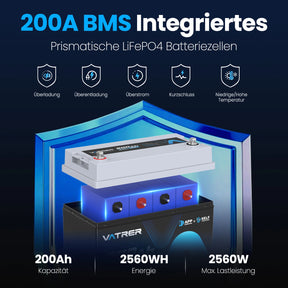 Vatrer 12V 200Ah LiFePO4 Lithiumbatterie Selbstheizfunktion Bluetooth 200A BMS