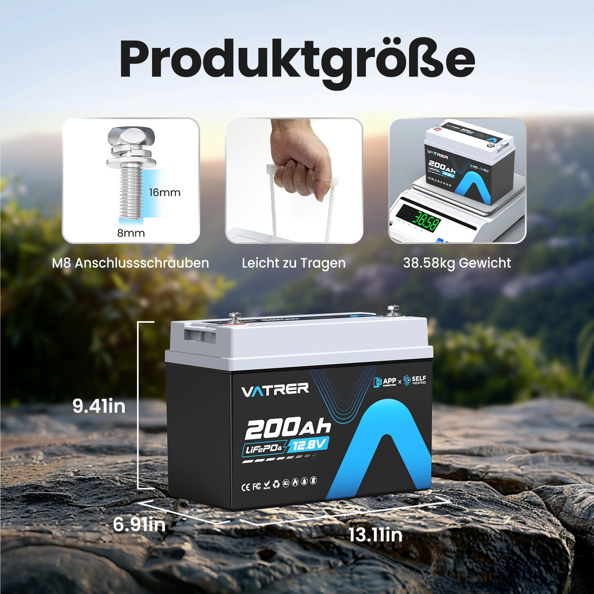 Vatrer 12V 200Ah LiFePO4 Lithiumbatterie Selbstheizfunktion Bluetooth 200A BMS