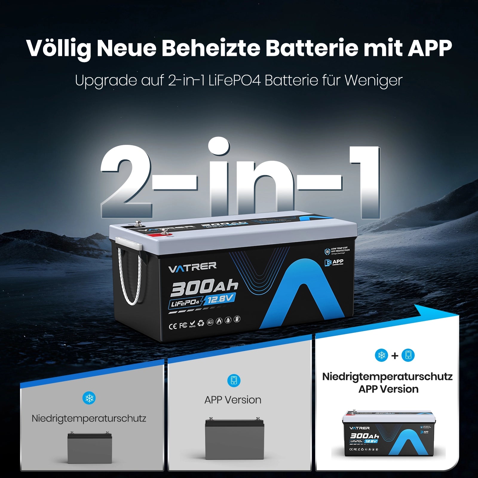 Vatrer 12V 300Ah Bluetooth LiFePO4 Lithium Batterie