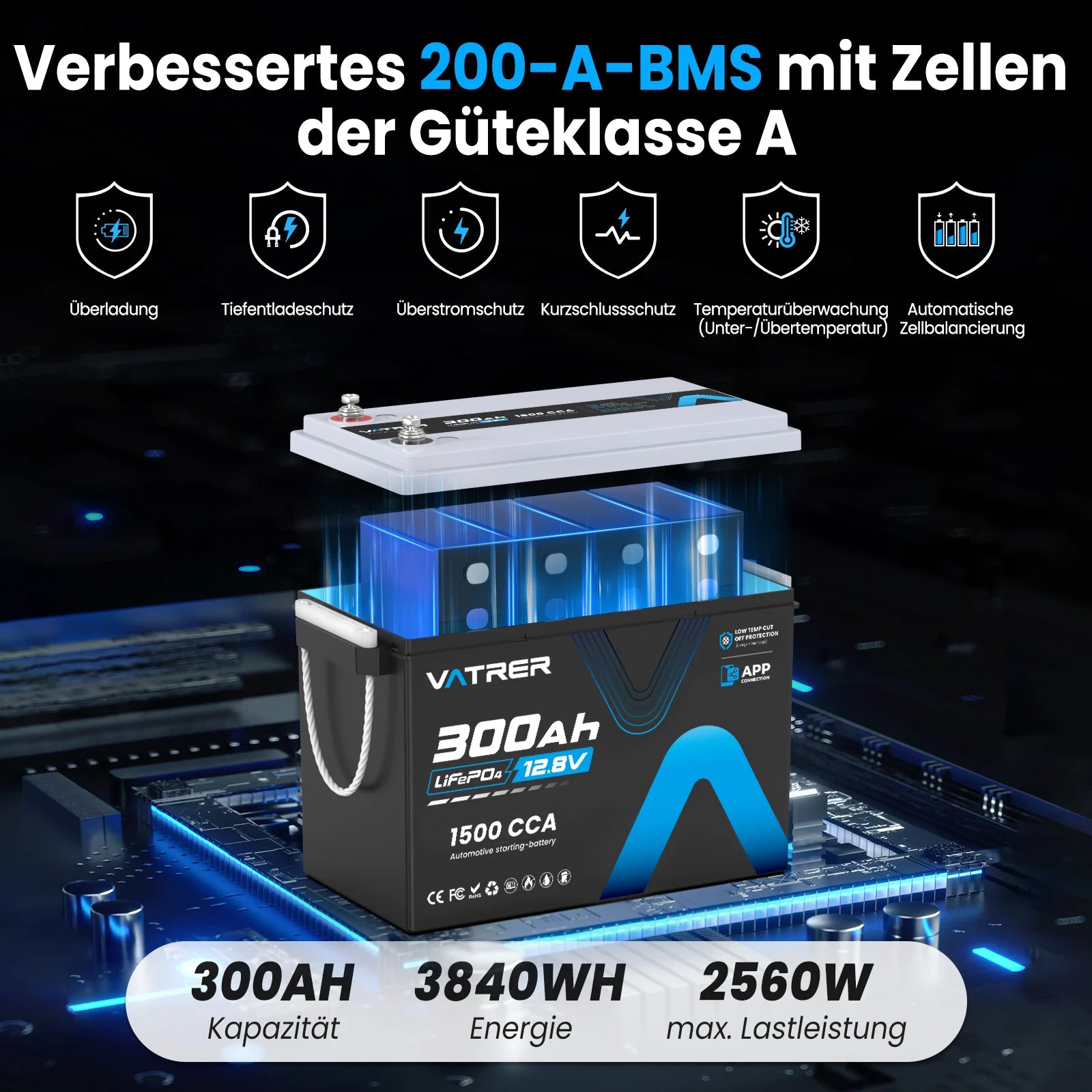 Vatrer 12V 300Ah LiFePO4 Lithium Batterie mit  Bluetooth