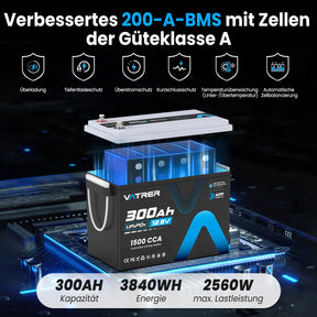 Vatrer 12V 300Ah LiFePO4 Lithium Batterie mit  Bluetooth