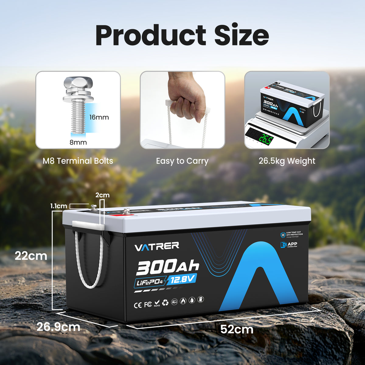 Vatrer 12V 300Ah Bluetooth LiFePO4 Lithium Battery EU