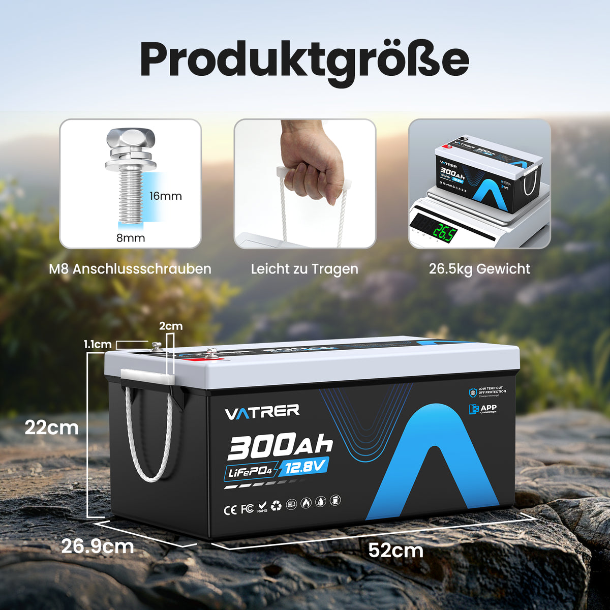 Vatrer 12V 300Ah Bluetooth LiFePO4 Lithium Batterie