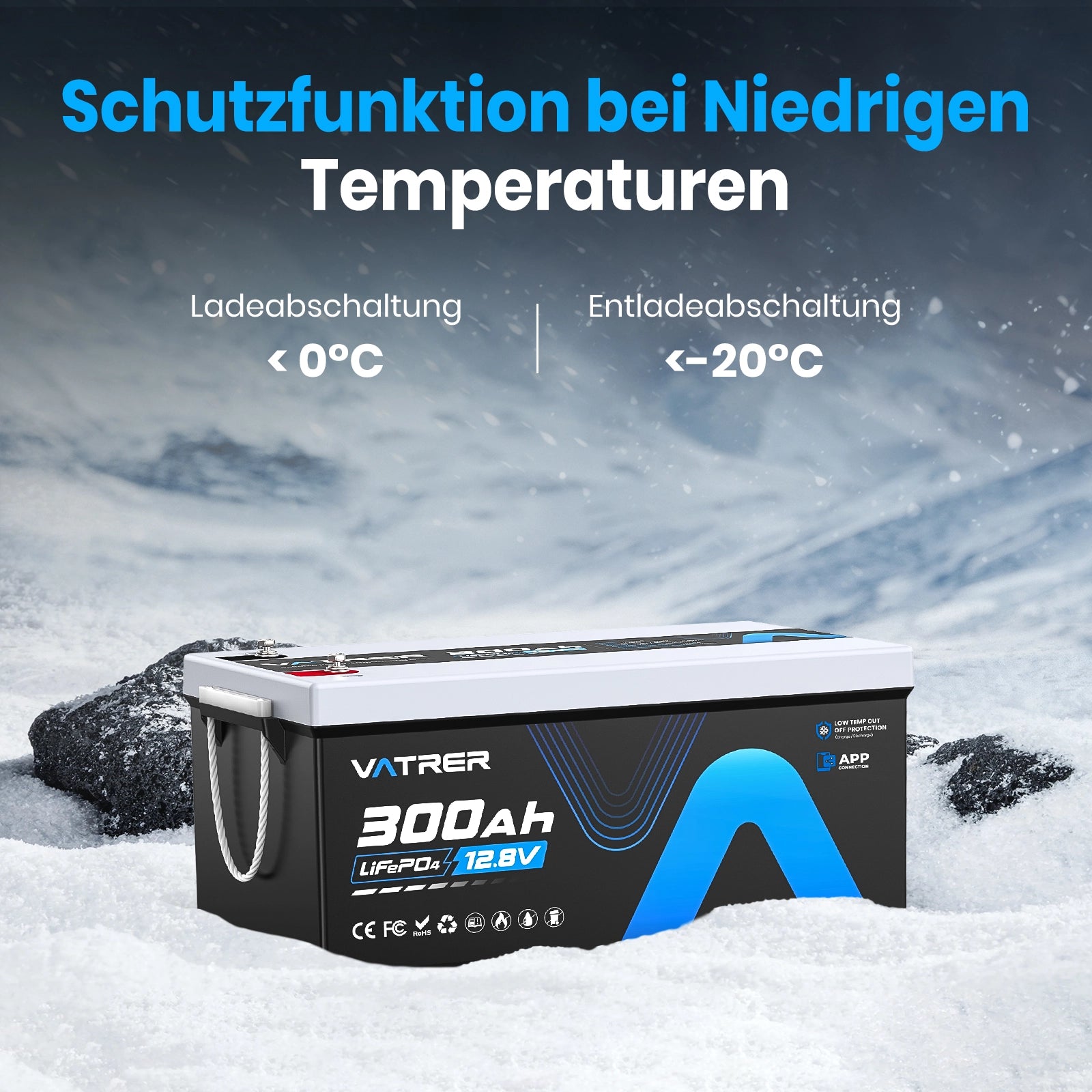 Vatrer 12V 300Ah Bluetooth LiFePO4 Lithium Batterie