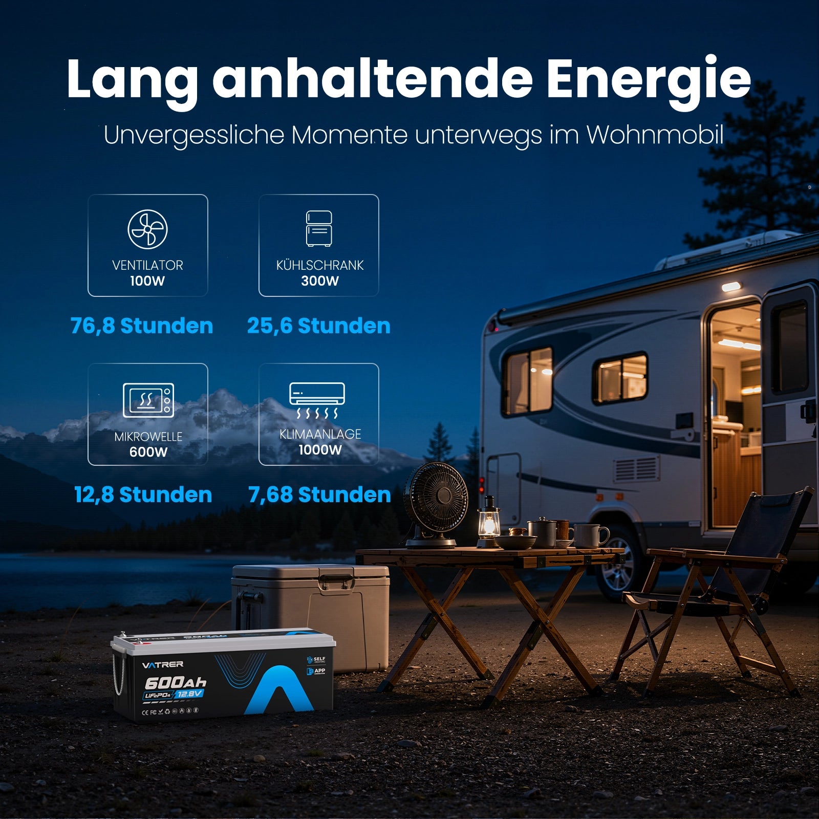 【Vorbestellung】Vatrer 12V 600Ah Lifepo4 Batterie mit Heizung, Bluetooth für Wohnmobile