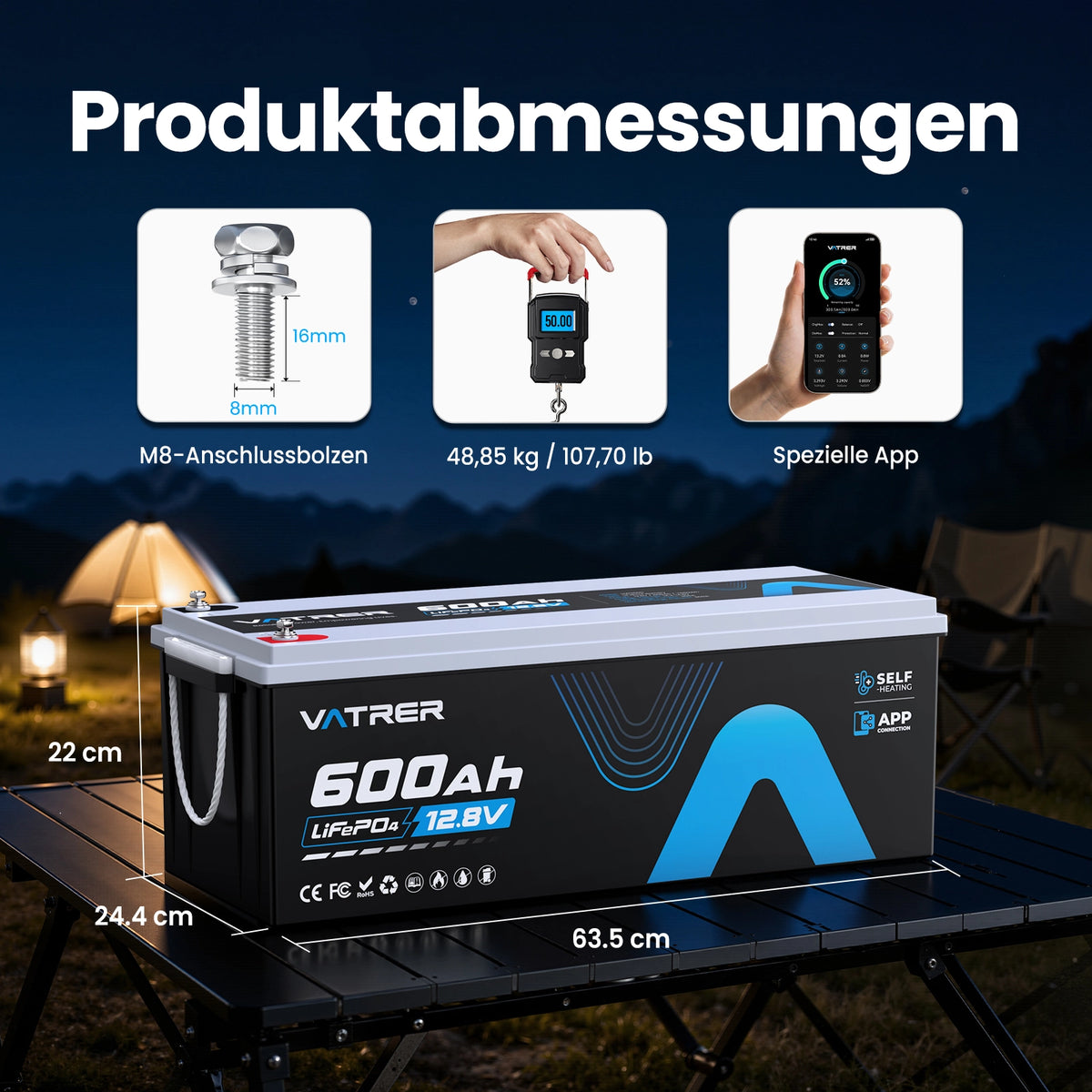 Vatrer 12V 600Ah Lifepo4 Batterie mit Heizung, Bluetooth für Wohnmobile