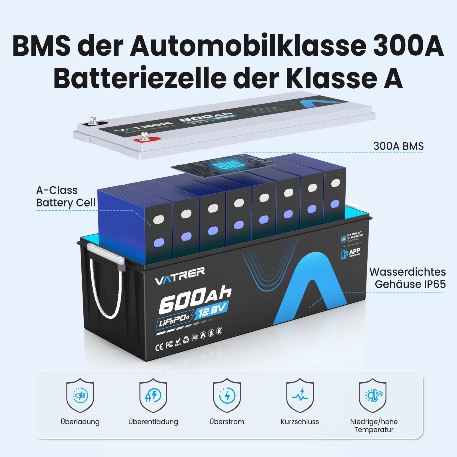 Vatrer 12 V 600 Ah Bluetooth-Lithium-Batterie für Wohnmobile 300 A BMS