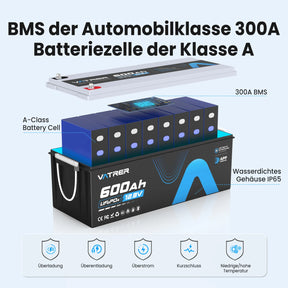 Vatrer 12 V 600 Ah Bluetooth-Lithium-Batterie für Wohnmobile 300 A BMS