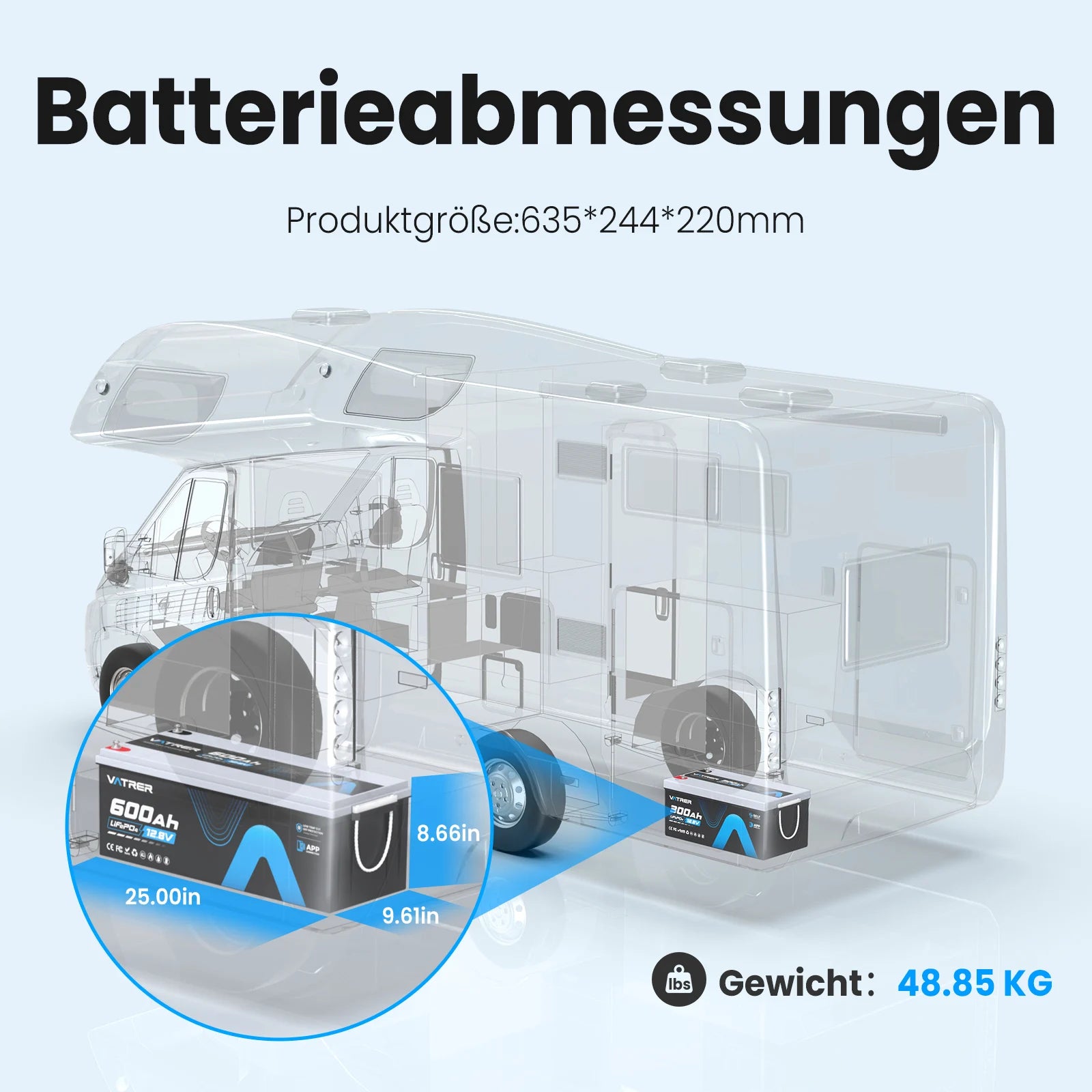 Vatrer 12 V 600 Ah Bluetooth-Lithium-Batterie für Wohnmobile 300 A BMS