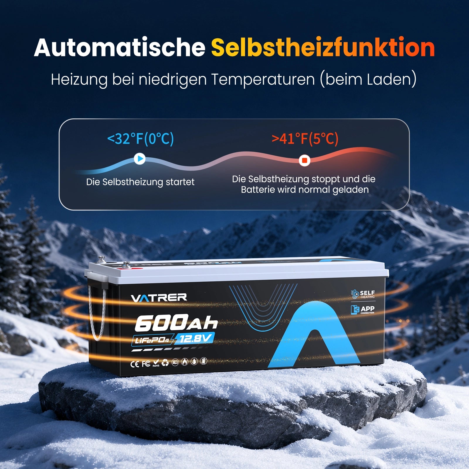 【Vorbestellung】Vatrer 12V 600Ah Lifepo4 Batterie mit Heizung, Bluetooth für Wohnmobile