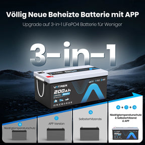 Vatrer 24V 200Ah Lithium batterie selbstheizende Bluetooth Version, integriertes 200A BMS, 5000+Zyklen – LiFePO4-Batterien mit Abschaltung bei niedriger Temperatur