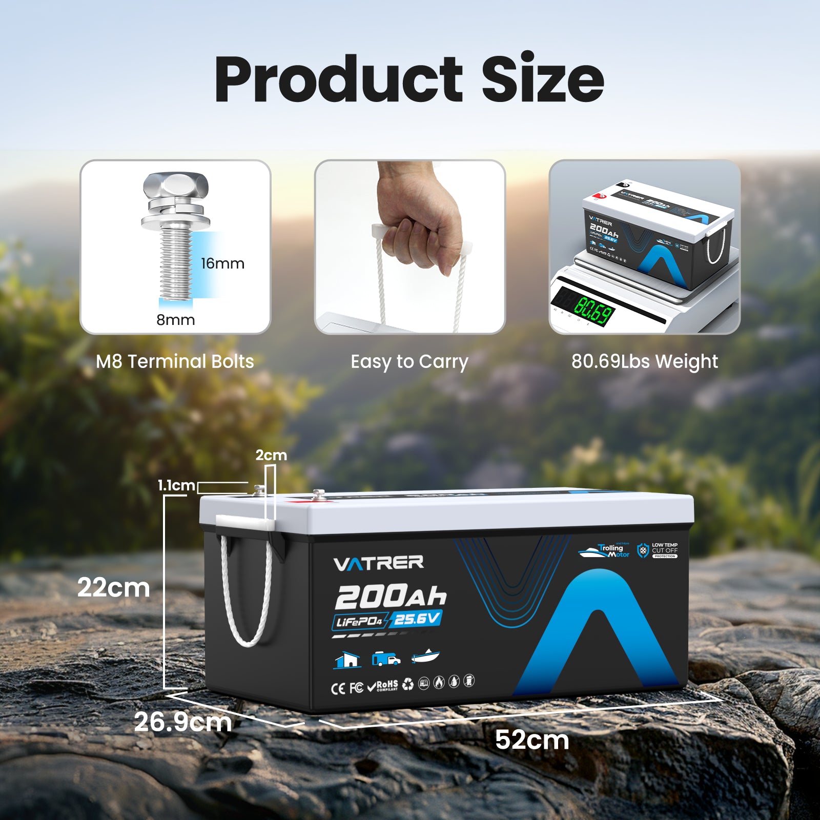 Vatrer 24V 200Ah Self-heating LiFePO4 Lithium Battery Bluetooth Version EU