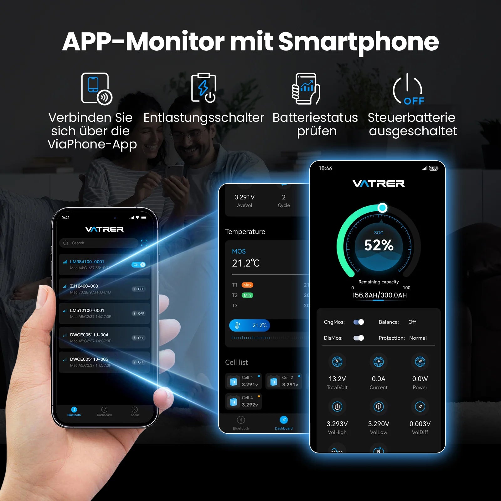Vatrer 12V 300Ah LiFePO4 Lithium Batterie mit  Bluetooth
