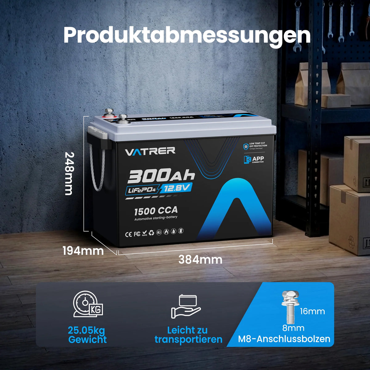 Vatrer 12V 300Ah LiFePO4 Lithium Batterie mit  Bluetooth