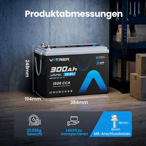 Vatrer 12V 300Ah LiFePO4 Lithium Batterie mit  Bluetooth