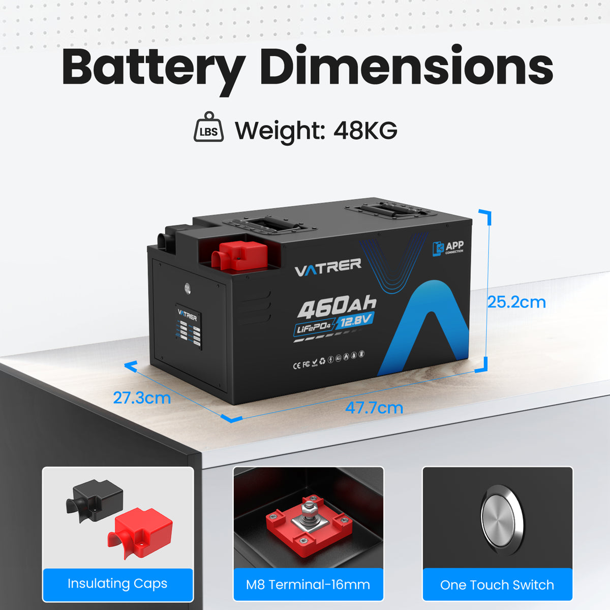 Vatrer 12V 460Ah Self-heating Lithium RV Battery, 5kWh 300A BMS RV Battery EU