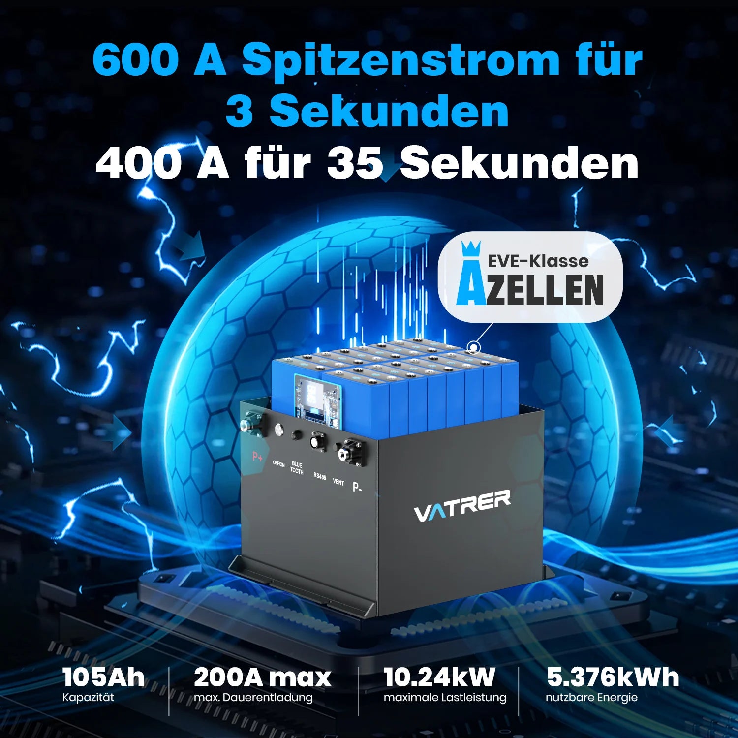 Vatrer 48V 105Ah mini Lithium Batterie,  200 A BMS