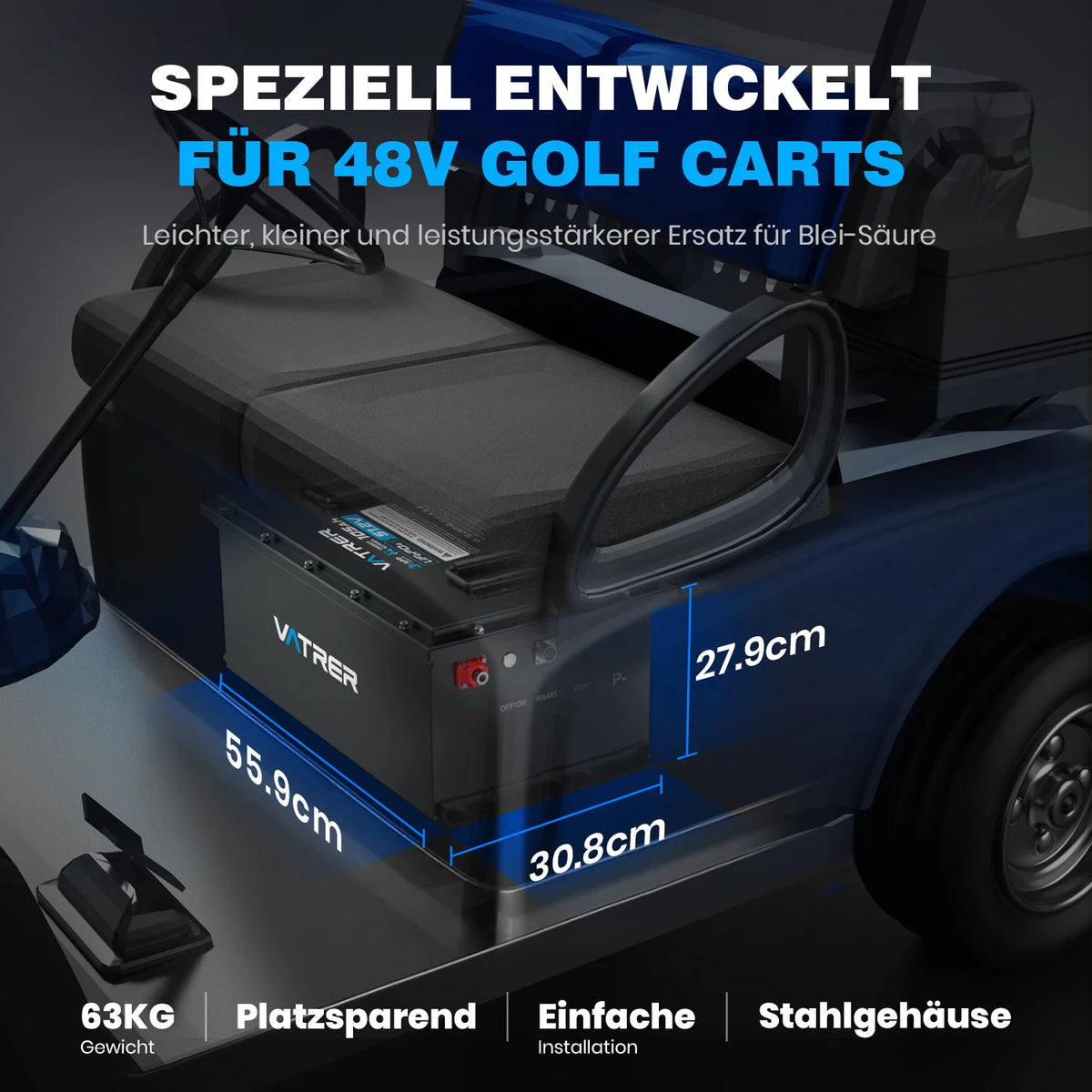 Vatrer 48V 150Ah Lithium-Golfwagen-Batterie mit hoher Kapazität, 200A BMS, 7680Wh, max. 10,24kW Leistungsabgabe