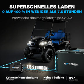 Vatrer 48V 150Ah Lithium-Golfwagen-Batterie mit hoher Kapazität, 200A BMS, 7680Wh, max. 10,24kW Leistungsabgabe