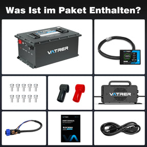 Vatrer 48V 105Ah LiFePO4 Golfwagen Akku, integriertes 200A BMS, wiederaufladbarer Lithium-Akku mit mehr als 4.000 Zyklen, max. 10,24 kW Ausgangsleistung