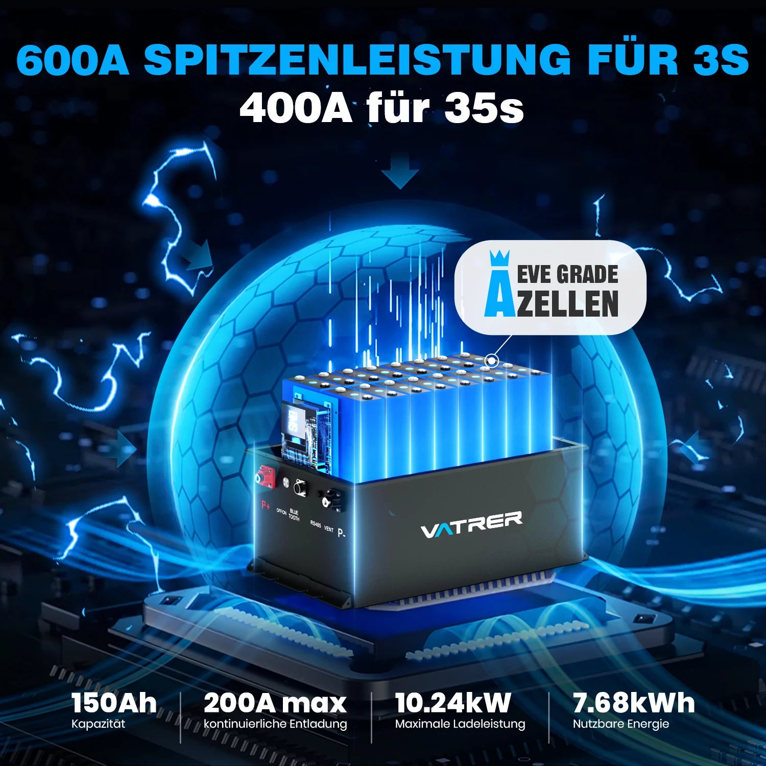 Vatrer 48V 150Ah Lithium-Golfwagen-Batterie mit hoher Kapazität, 200A BMS, 7680Wh, max. 10,24kW Leistungsabgabe