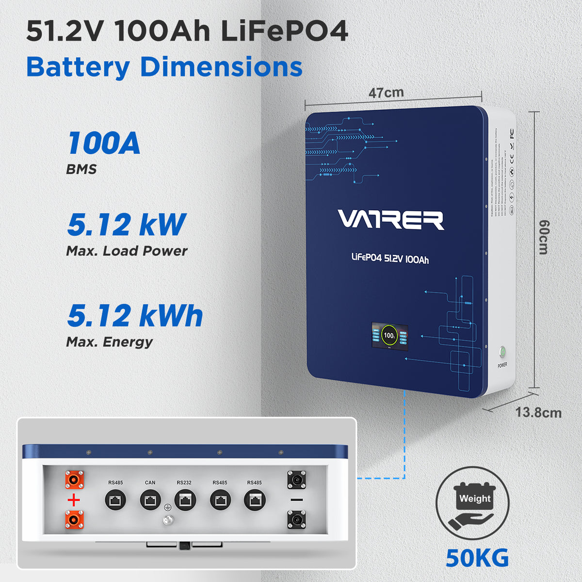 Vatrer 48V (51.2V) Wall-Mounted LiFePO4 Solar Battery EU