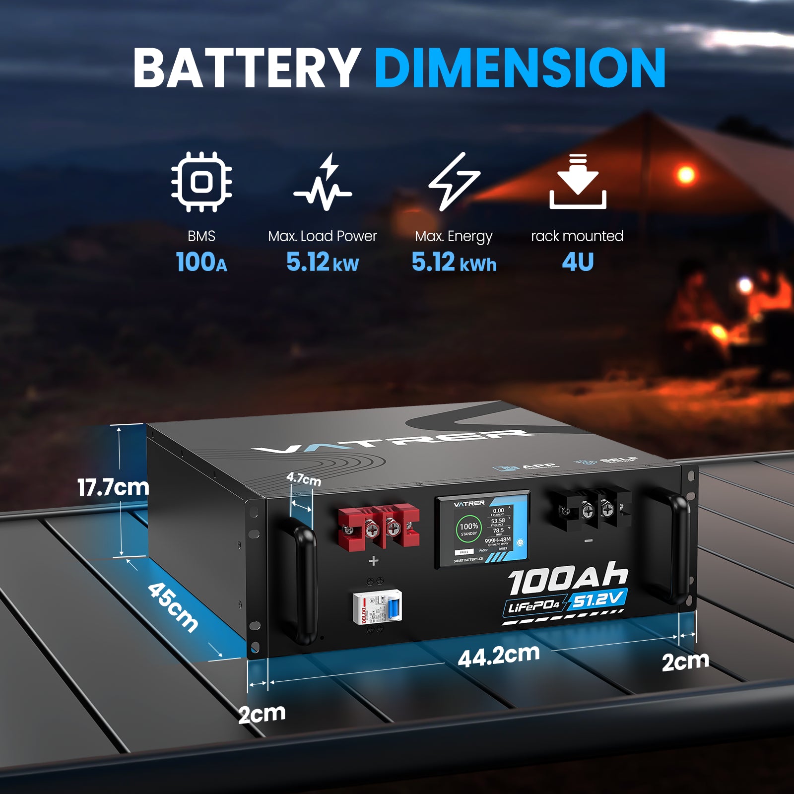 Vatrer 48V(51.2V) 100Ah Heated Lithium Solar Battery, Max 5120W Load Power EU
