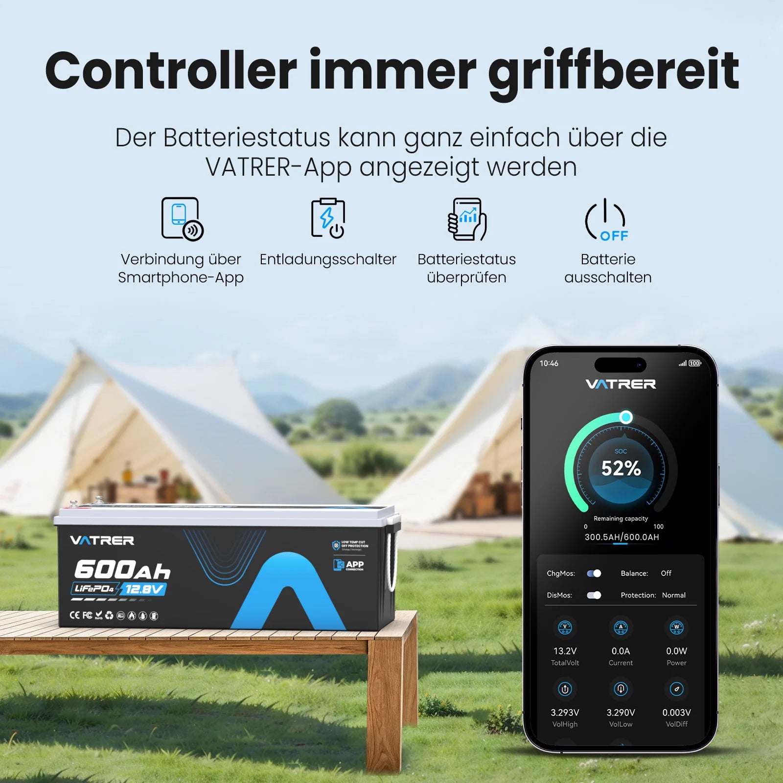 Vatrer 12 V 600 Ah Bluetooth-Lithium-Batterie für Wohnmobile 300 A BMS