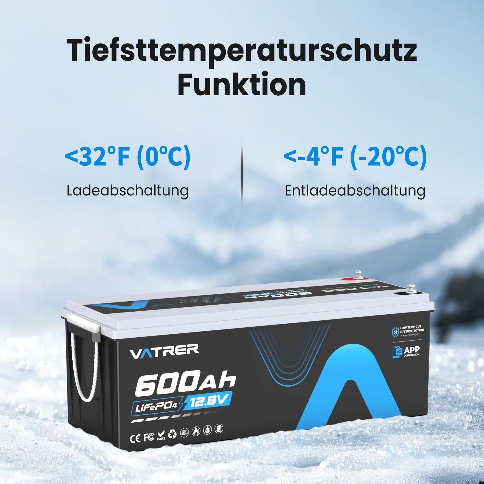 Vatrer 12 V 600 Ah Bluetooth-Lithium-Batterie für Wohnmobile 300 A BMS