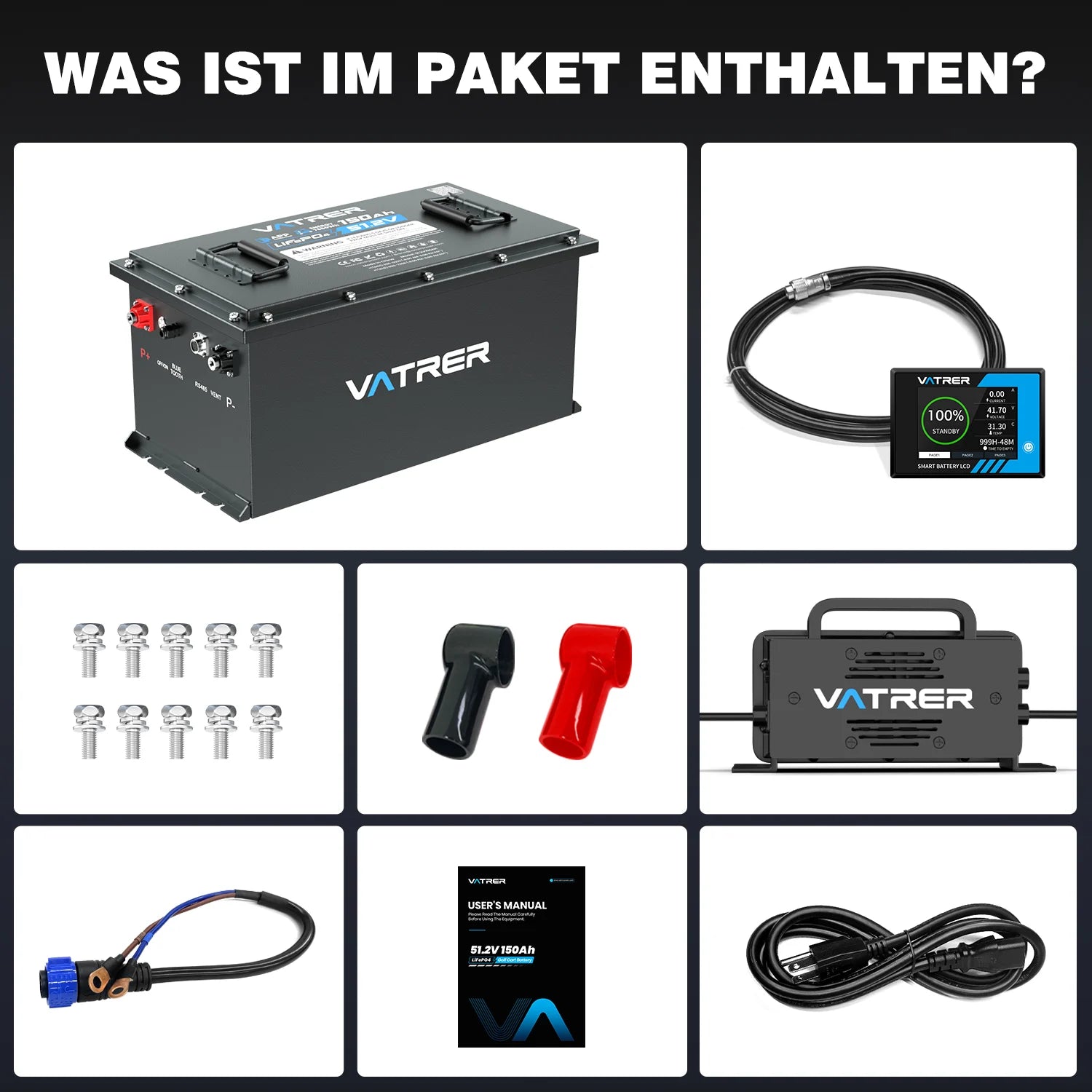 Vatrer 48V 150Ah Lithium-Golfwagen-Batterie mit hoher Kapazität, 200A BMS, 7680Wh, max. 10,24kW Leistungsabgabe