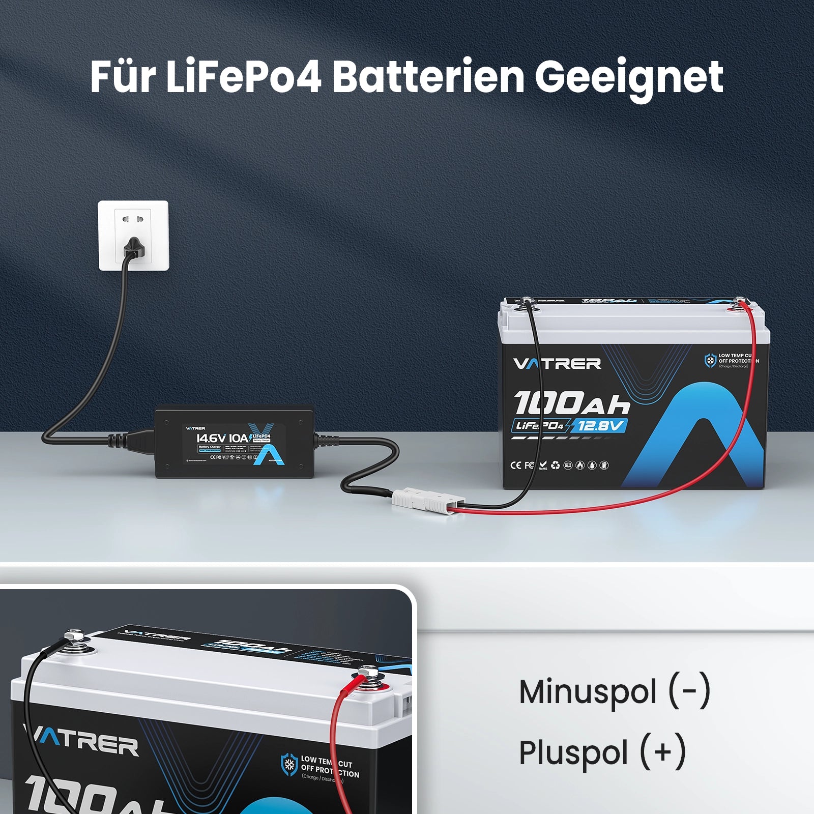 Vatrer 14,6V 10A Intelligentes AC-DC-Ladegerät für 12V Lithium-Eisenphosphat
