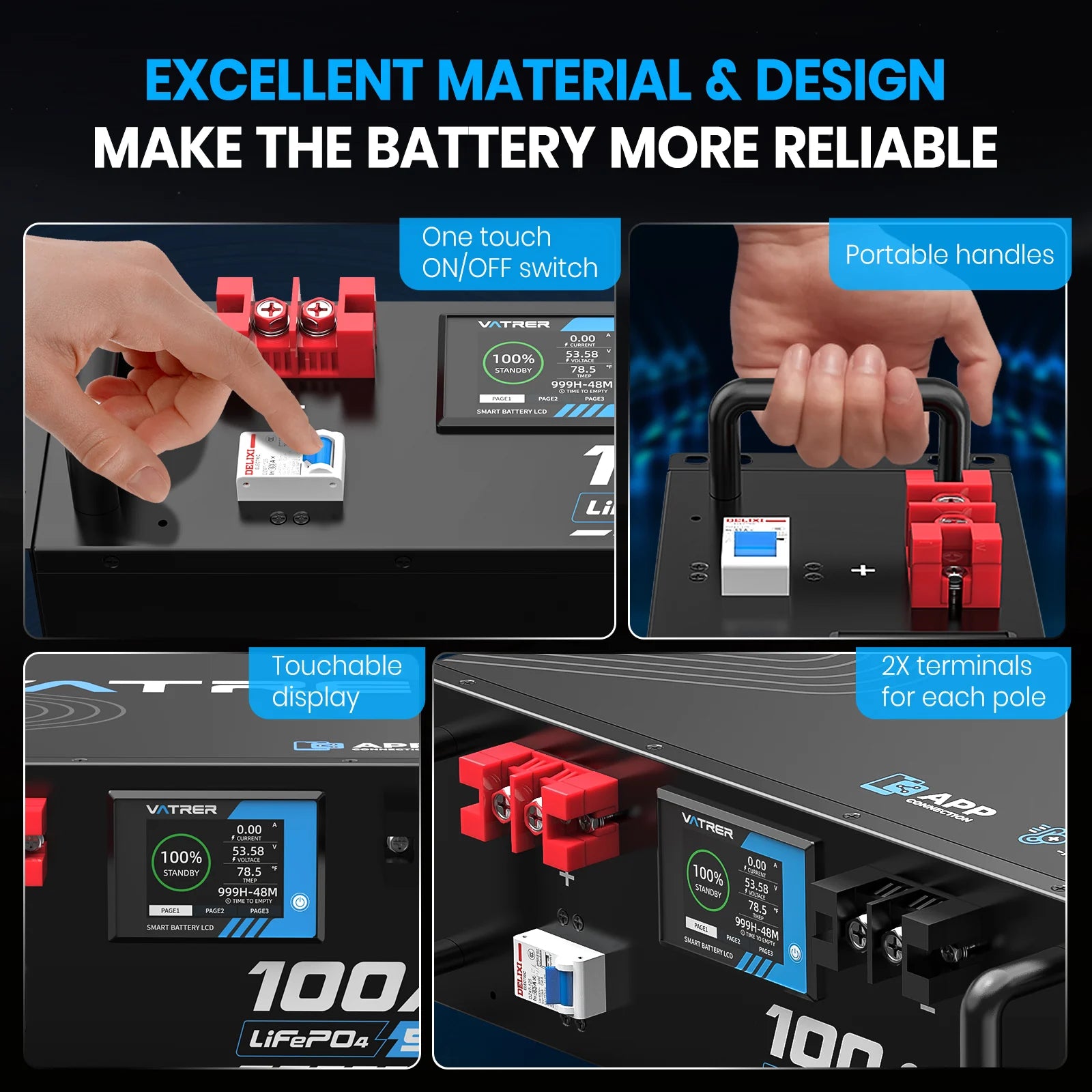 Vatrer 48V(51.2V) 100Ah Heated Lithium Solar Battery, Max 5120W Load Power EU