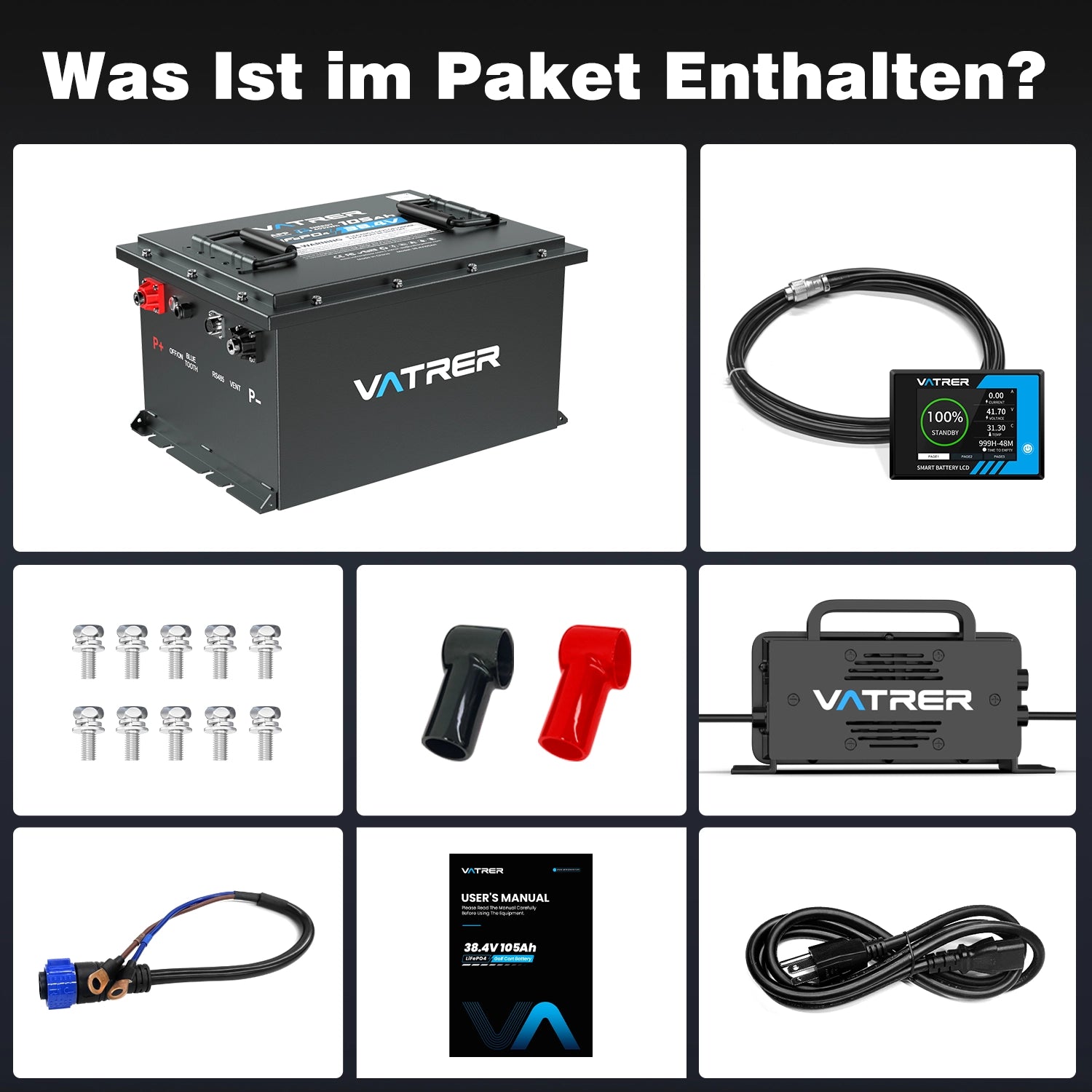 Vatrer 36V 105AH LiFePO4 Golf Cart Batterie, 200A BMS, 4,000+ Zyklen, Max 7.68kW Ausgangsleistung Lithium Batterie
